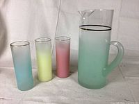 Photo showing a frosted glass carafe with a handle and spout, featuring a pastel green gradient and three tall cylindrical frosted glasses in pastel blue, yellow, and pink, each with a gold rim.