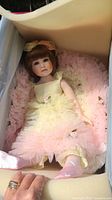 Full doll seated in box, showing dress layers and hair.