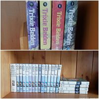 Four Trixie Belden books showing colorful spines with volumes 6, 7, 10, and 11.
