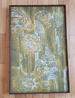 Full view of vintage framed batik artwork with detailed abstract floral and geometric patterns.