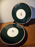 Two round placemats with dark green centers, white inner circle showing salmon fly fishing lures, edged with decorative ribbon, placed on a wooden table