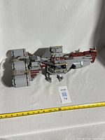 Full view of the assembled Lego Star Wars Republic Frigate model from above and side angle showing overall structure, size, and color scheme.