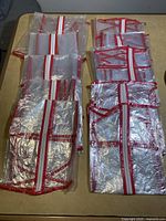 Top-down view of 10 clear plastic garment protector bags with red trim and white-red-white zippered closures arranged on a table.