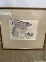 Front view of framed rabbit artwork showing detailed animal illustration and wooden frame.