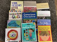 Photo of 11 school counseling related books arranged on carpeted floor showing titles and covers.