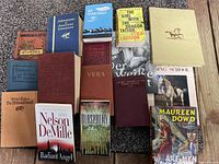 Image showing full collection of 16 books arranged on a wooden surface, including titles in English and German across various genres.