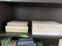 Photo of two shelves containing coffee table books and novels. Upper shelf shows books with beige, cream, and white covers including Picasso's World of Children and History of Inventions.