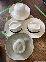 Overhead shot of four hats arranged in a box on wooden floor