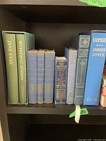Shelf with classic literature including Jane Eyre, Wuthering Heights, Milton poetry, and James Joyce Ulysses.