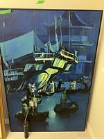 Front view of large framed painting showing harbor scene with boats and figures in blue and green tones