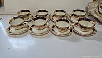 Overview of the full set of eight Royal Caledonia teacups and matching saucers.
