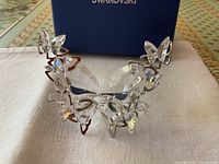 Crystal butterfly figurine on stand with box visible behind