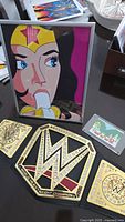 Photo shows the framed superhero pop art poster with bold colors and close-up of the character's face, alongside the WWE Championship belt with gold and black details.