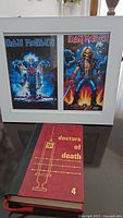 Framed Iron Maiden posters with vibrant artwork and "Doctors of Death 4" book shown below them on a table.