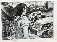 Full view of the black and white framed print showing a person with overalls in an outdoor urban scene.