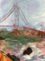 Close-up of the upper portion of the canvas painting showing the Golden Gate Bridge structure with muted red color and surrounding foggy sky and water.