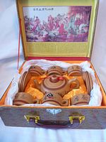 Pottery tea set arranged in original box lined with silk-like fabric, showing teapot, teacups, and saucers.