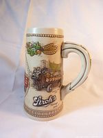 Side view showing Stroh's logo and vintage horse-drawn beer delivery wagon graphic with hop and wheat motifs.