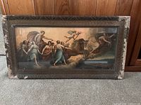 Full view of framed print depicting mythological scene from Aurora by Guido Reni, showing worn frame and clear image of art print.
