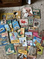 Wide view of large assortment of vintage children's books laid out on carpet showing a variety of titles and colorful covers.