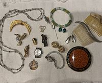 Full view of assorted vintage jewelry including necklaces, pins, earrings, watch, hair combs, and bracelet.