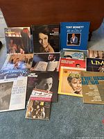 Photo showing 13 vintage vinyl record albums spread out on floor with covers visible, includes Cher, Doris Day, Tony Bennett, Dave Brubeck Quartet, Andy Williams, Andre Kostelanetz, and others