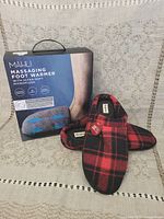 Full lot with Mähli foot warmer box and men's plaid slippers.