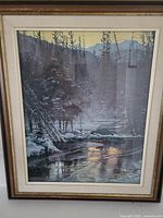 Full view of winter moose print artwork showing the scene and frame condition