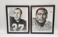 Two framed autographed photos of NFL players in black and white, shown side by side.