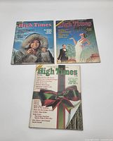 Front covers of three High Times magazine issues showing the subjects and headlines.