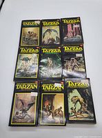 Photo showing nine vintage Tarzan paperback books arranged in three rows, covers featuring jungle and adventure scenes with Tarzan depicted on each.