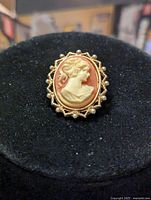 Front view of an oval cameo brooch in a gold-tone decorative frame on black cloth background.