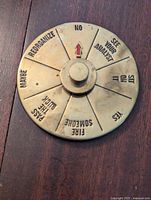 Top view of brass circular corporate decision compass showing engraved decision options around central pointer knob.