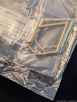 Sealed plastic bag containing earrings with label showing design and price.