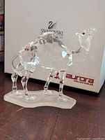 Full view of the clear Swarovski crystal camel figurine on a frosted base, with the original box in the background.