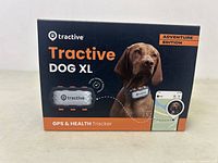 Front and top view of the Tractive Dog XL GPS & Health Tracker box showing branding, product image, and edition details.