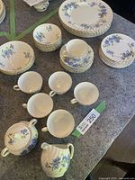 Full view of cups, saucers, creamer, sugar bowl, bowls, fruit bowls, side plates, and dinner plates on a table.