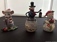 Front view of the three figurines: Christmas mouse, snowman with lantern, and mini snowman
