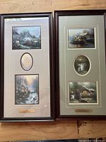Two framed artworks side by side, showing cottage paintings and oval inset prints with wood beaded edge frames