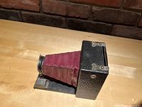 Side view showing extended red leather bellows and black textured body of antique pocket camera.