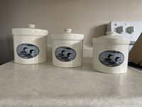 Front view of three bone-colored ceramic canisters with loon and lily pad decal on countertop