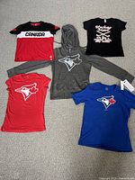 Various Toronto Blue Jays and Team Canada sports shirts with one hoodie, laid out flat on floor displaying front designs and tags.
