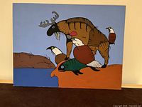 Full view of the original painting showing a moose, three birds, and a fish with natural landscape background.