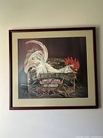 Full view of the framed vintage print showing a white Leghorn rooster perched inside a crate labeled C.D. Boss & Son.