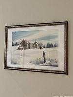 Full view of the framed watercolor painting showing winter landscape of a barn and farmhouse.