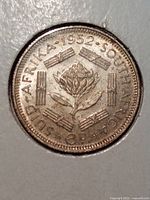 Close up photo of the reverse side of the 1952 South African 6 Pence coin showing the Protea flower and surrounding design.