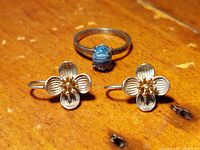 Photo of sterling silver ring with blue polished stone and floral earrings on wooden surface.