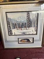 Full view of framed artwork and feathers showing overall condition and presentation