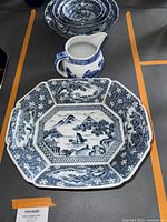 Photo showing the octagonal porcelain bowl with blue landscape design and the small porcelain pitcher with spout and handle
