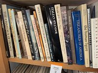 Spine view of 16 hardcover and softcover books on shelves focused on art, architecture, and decorating.